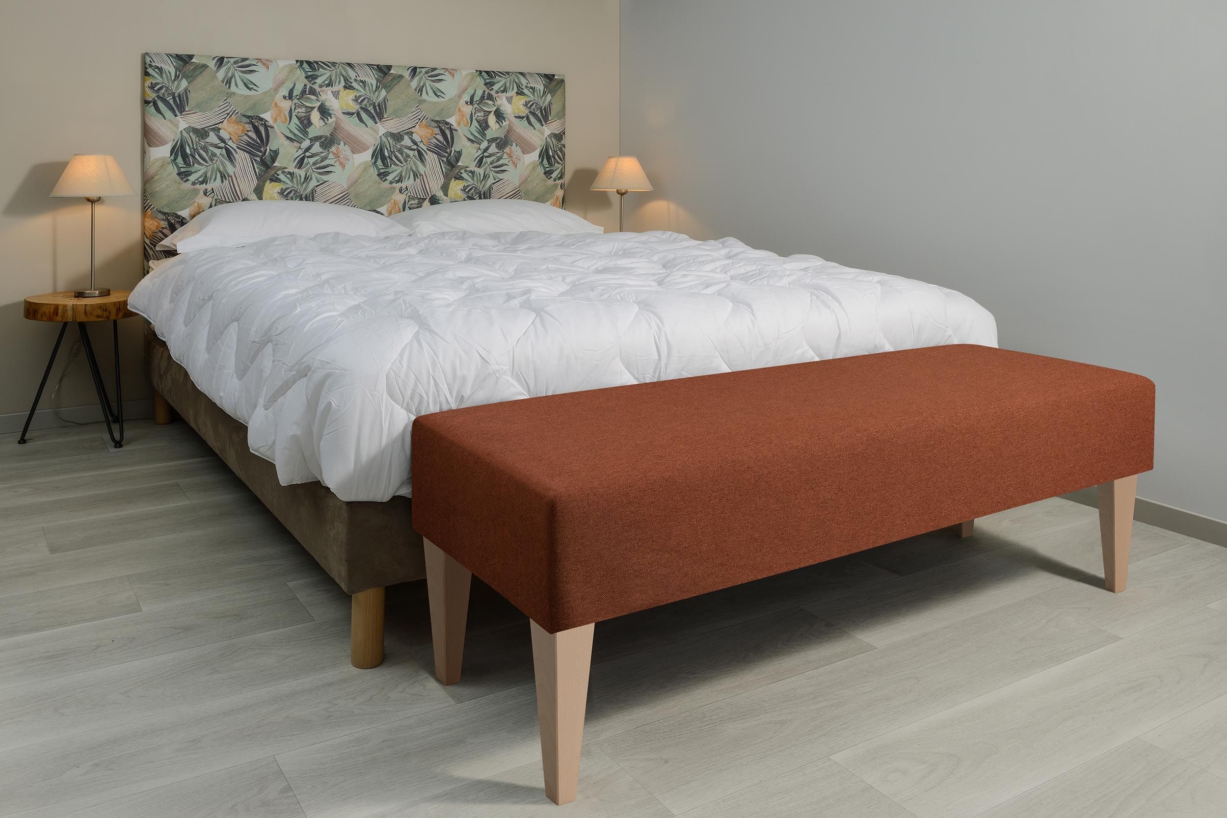 bout de lit, banc, pied de lit, bois, tissu, chambre, décoration,