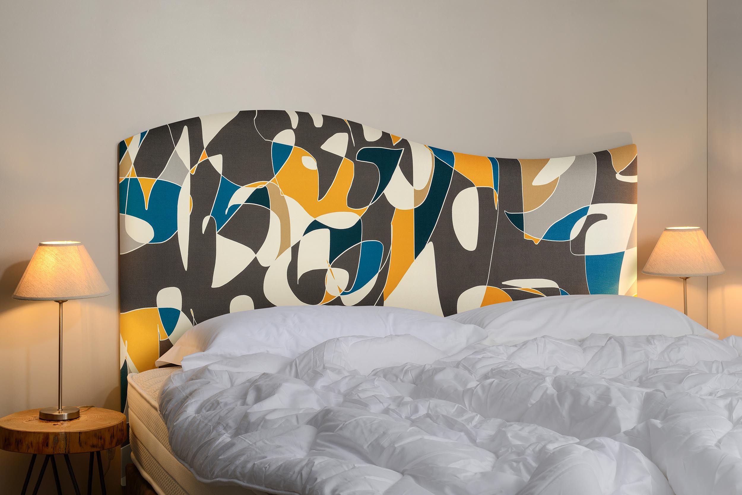 Tête de lit, dosseret, déco, matelas, chambre, doucine, jaune, tissu, artisanal, français, 140, 160, 180
