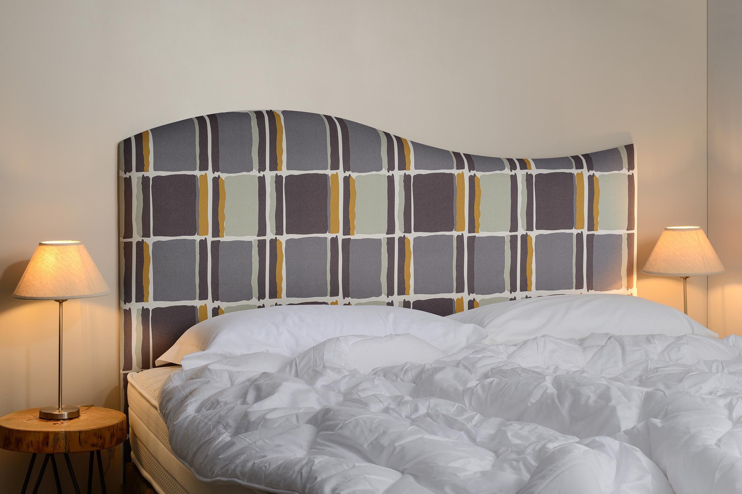 Tête de lit, rayures, gris, jaune, blanc, doucine, tissu, chambre, 140, 160, 180